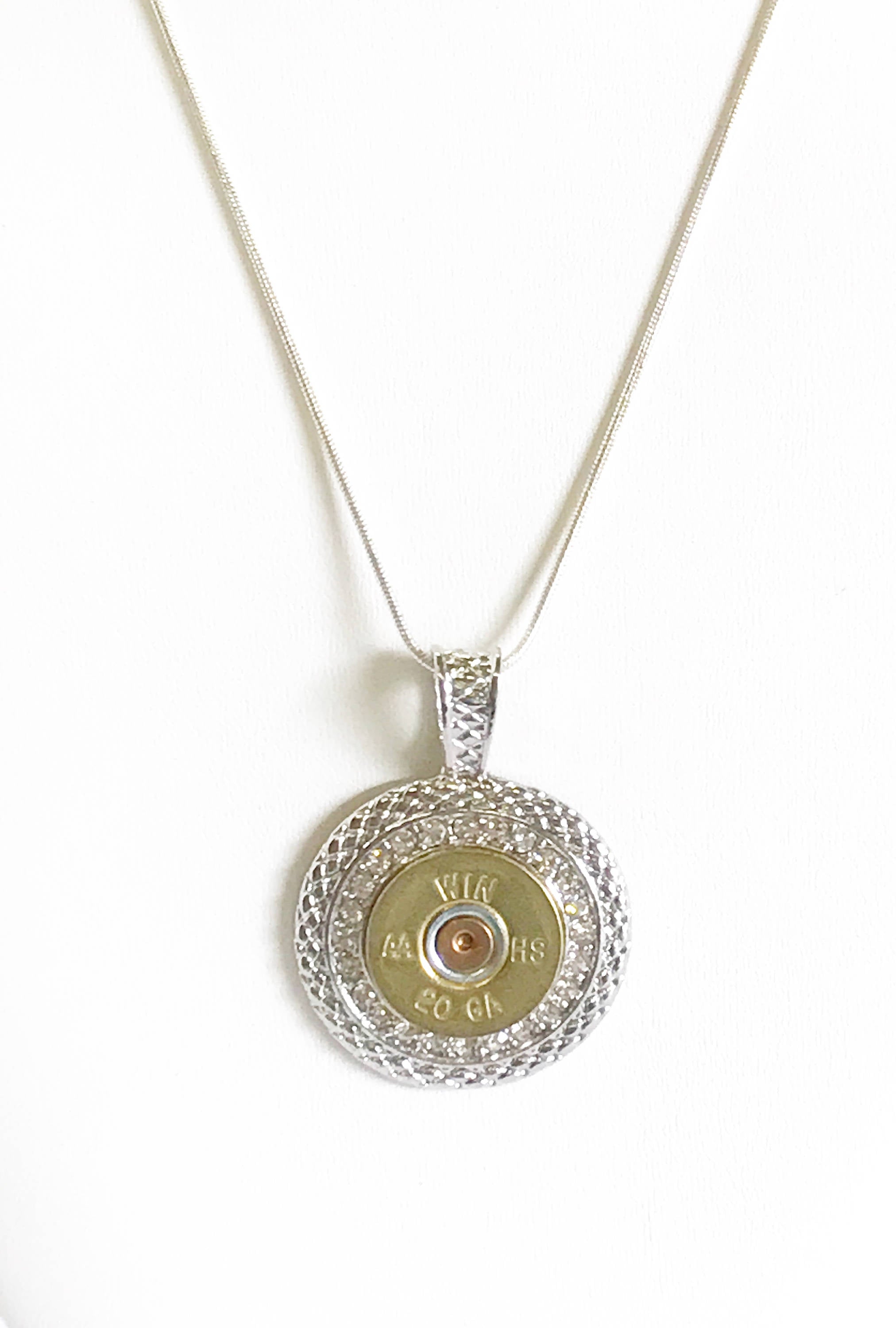 Shotgun Shell Necklace, Clear Crystal 20 Gauge Pendant Necklace, Gift For Her, Shooting Sports Jewelry Gift, Southwestern Style Wife Jewelry