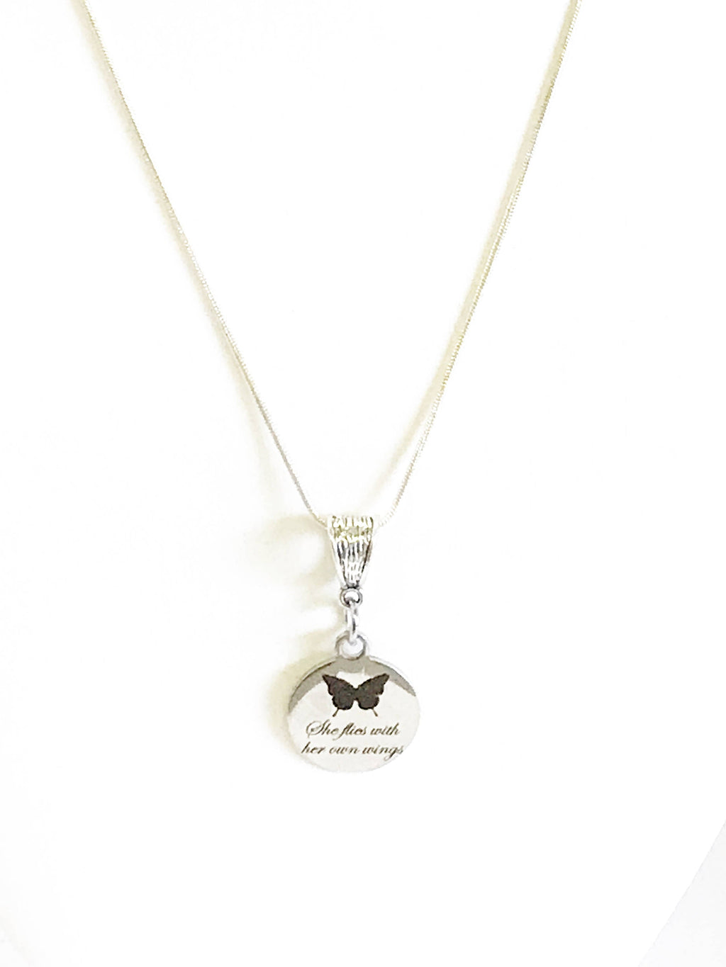 She Flies With Her Own Wings Butterfly Pendant on Silver Chain, Motivational Jewelry Gift For Her, Inspiring Jewelry For Daughter