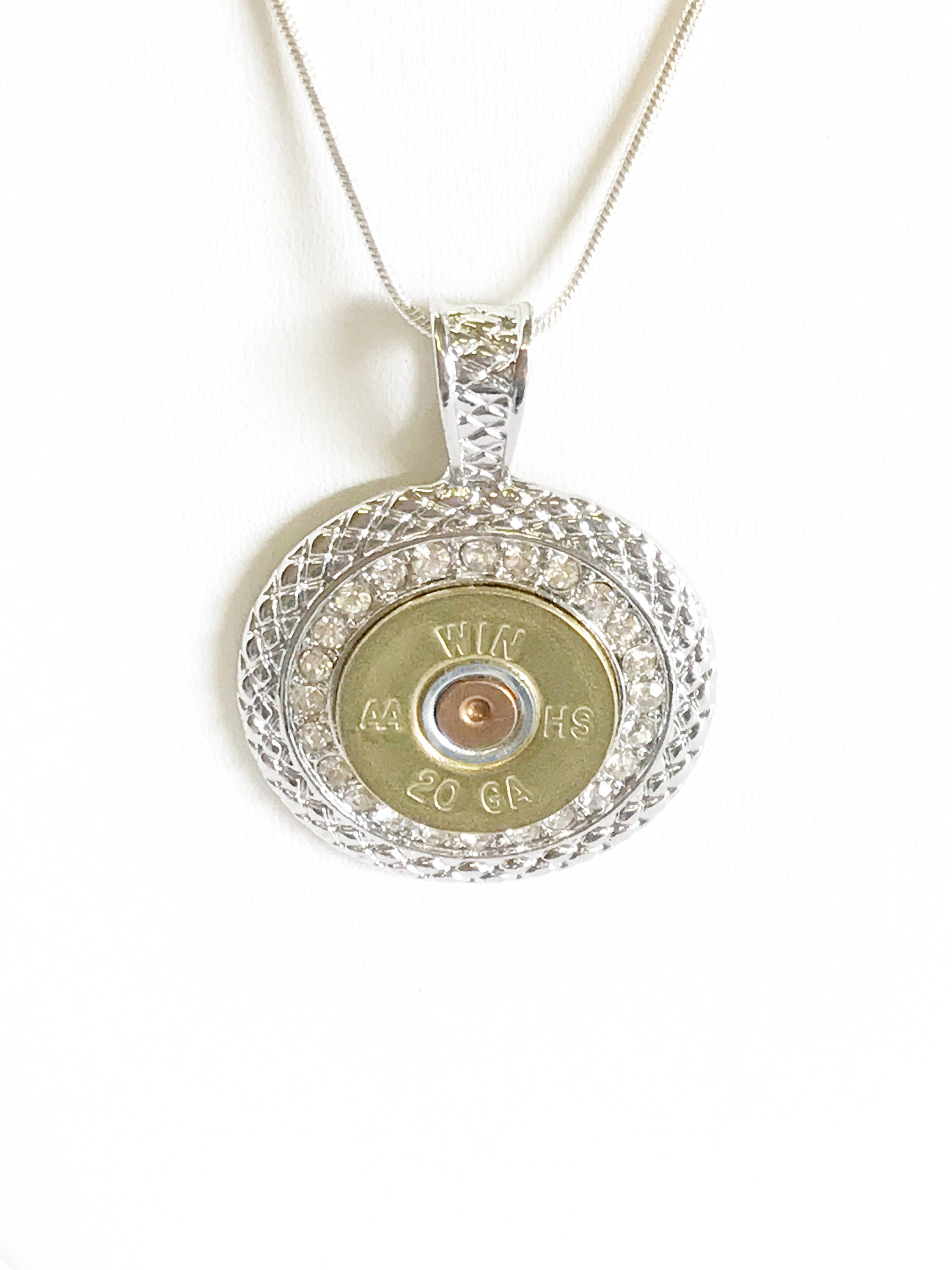 Shotgun Shell Necklace, Clear Crystal 20 Gauge Pendant Necklace, Gift For Her, Shooting Sports Jewelry Gift, Southwestern Style Wife Jewelry
