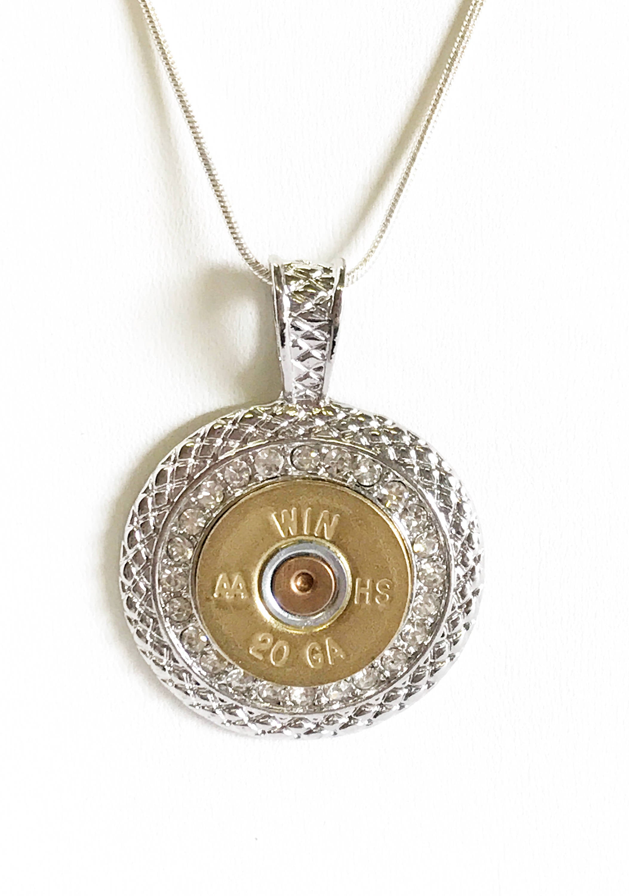 Shotgun Shell Necklace, Clear Crystal 20 Gauge Pendant Necklace, Gift For Her, Shooting Sports Jewelry Gift, Southwestern Style Wife Jewelry