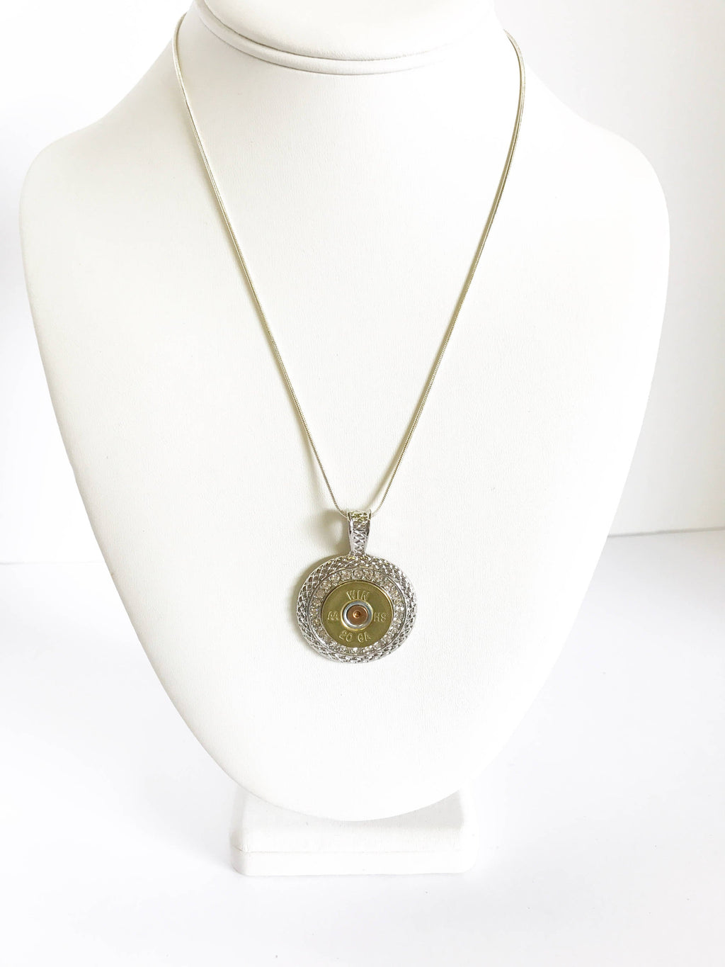 Shotgun Shell Necklace, Clear Crystal 20 Gauge Pendant Necklace, Gift For Her, Shooting Sports Jewelry Gift, Southwestern Style Wife Jewelry