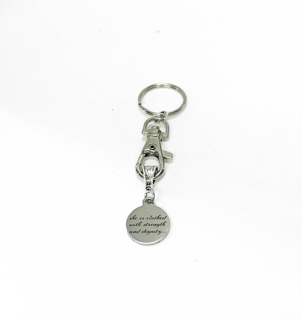 She Is Clothed With Strength And Dignity Keychain, New Car Gift For Daughter, Scripture Keychain, Proverbs 31:25 Bible Verse Keychain Gift