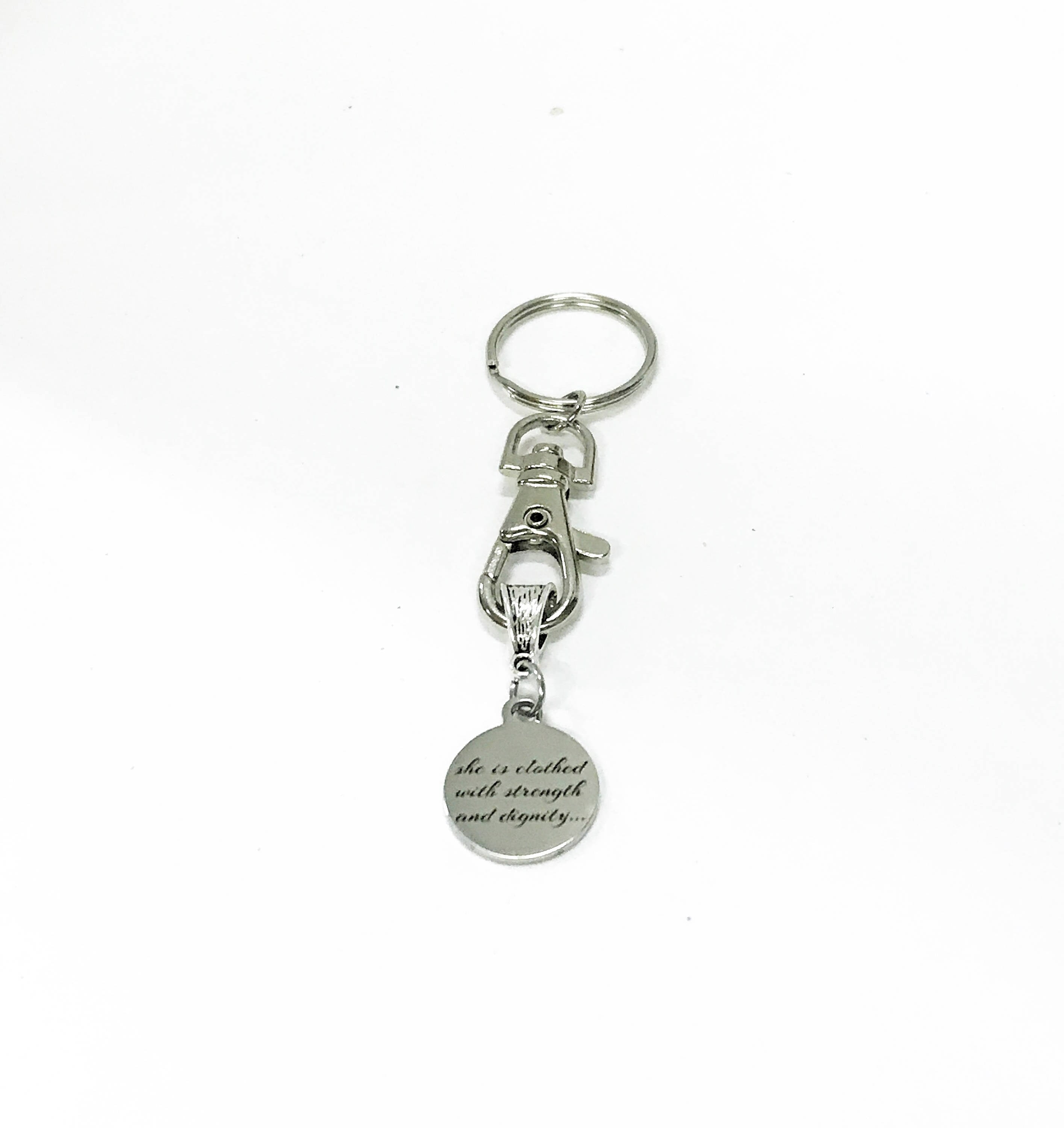 She Is Clothed With Strength And Dignity Keychain, New Car Gift For Daughter, Scripture Keychain, Proverbs 31:25 Bible Verse Keychain Gift