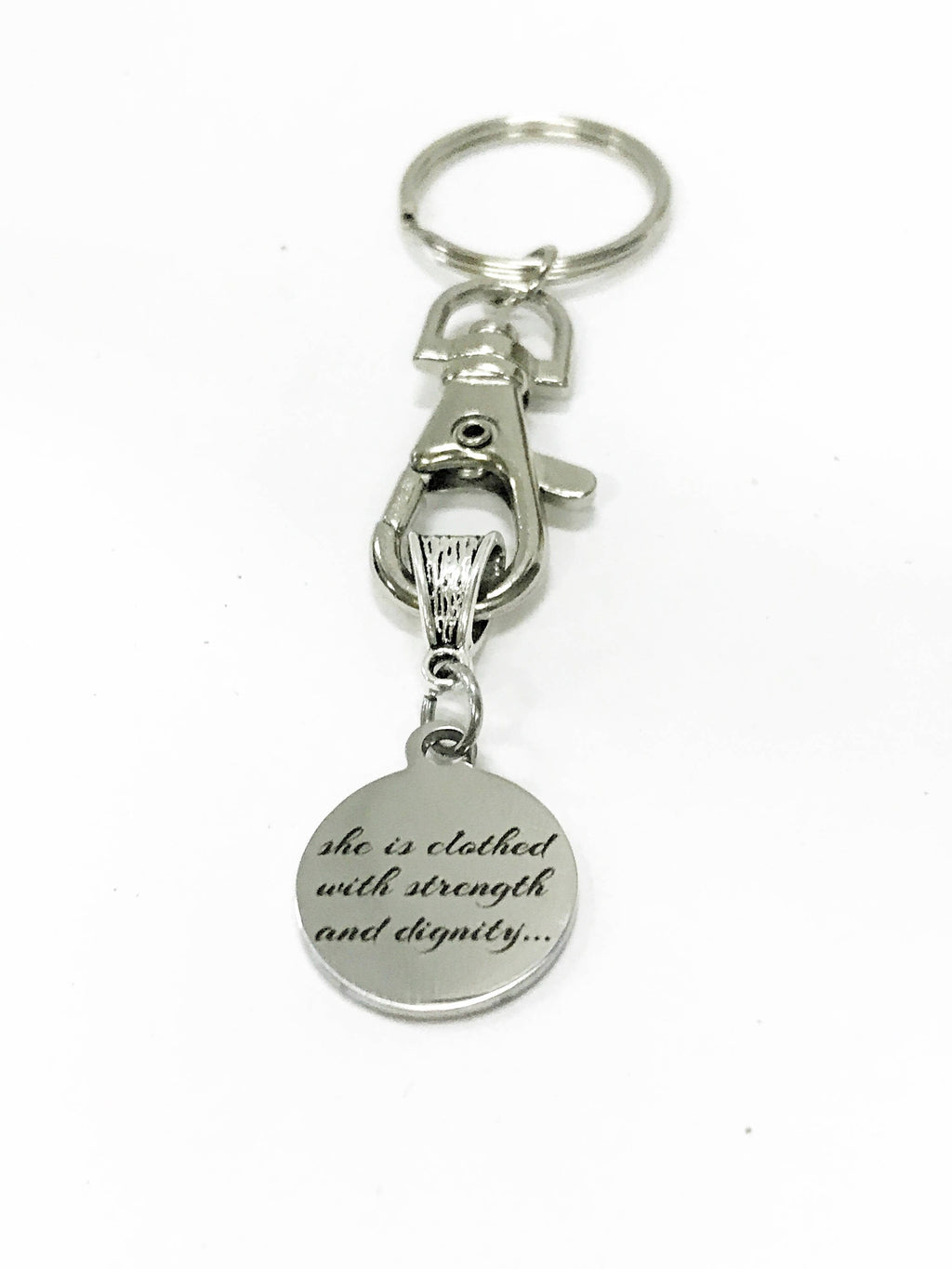 She Is Clothed With Strength And Dignity Keychain, New Car Gift For Daughter, Scripture Keychain, Proverbs 31:25 Bible Verse Keychain Gift