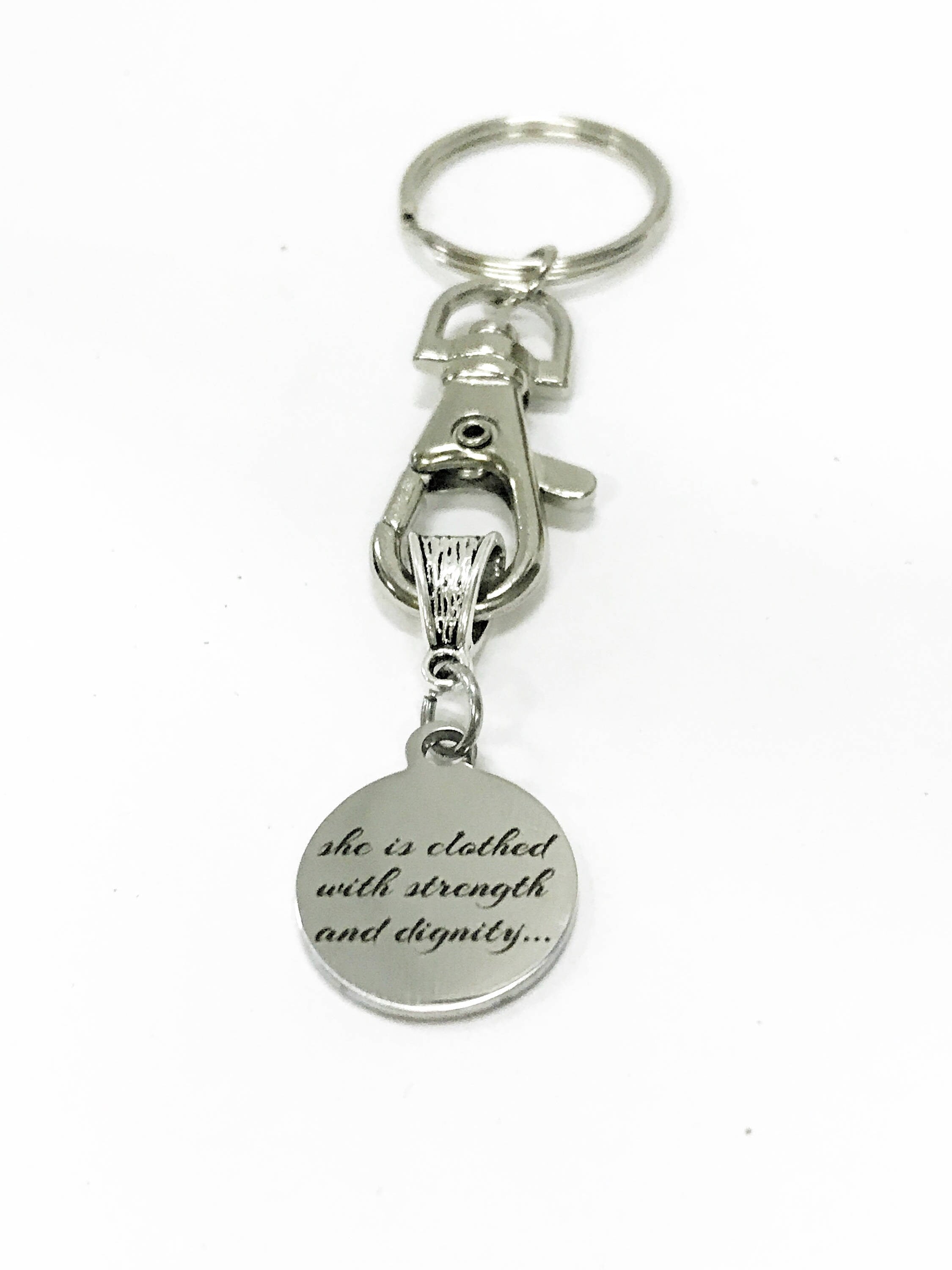 She Is Clothed With Strength And Dignity Keychain, New Car Gift For Daughter, Scripture Keychain, Proverbs 31:25 Bible Verse Keychain Gift