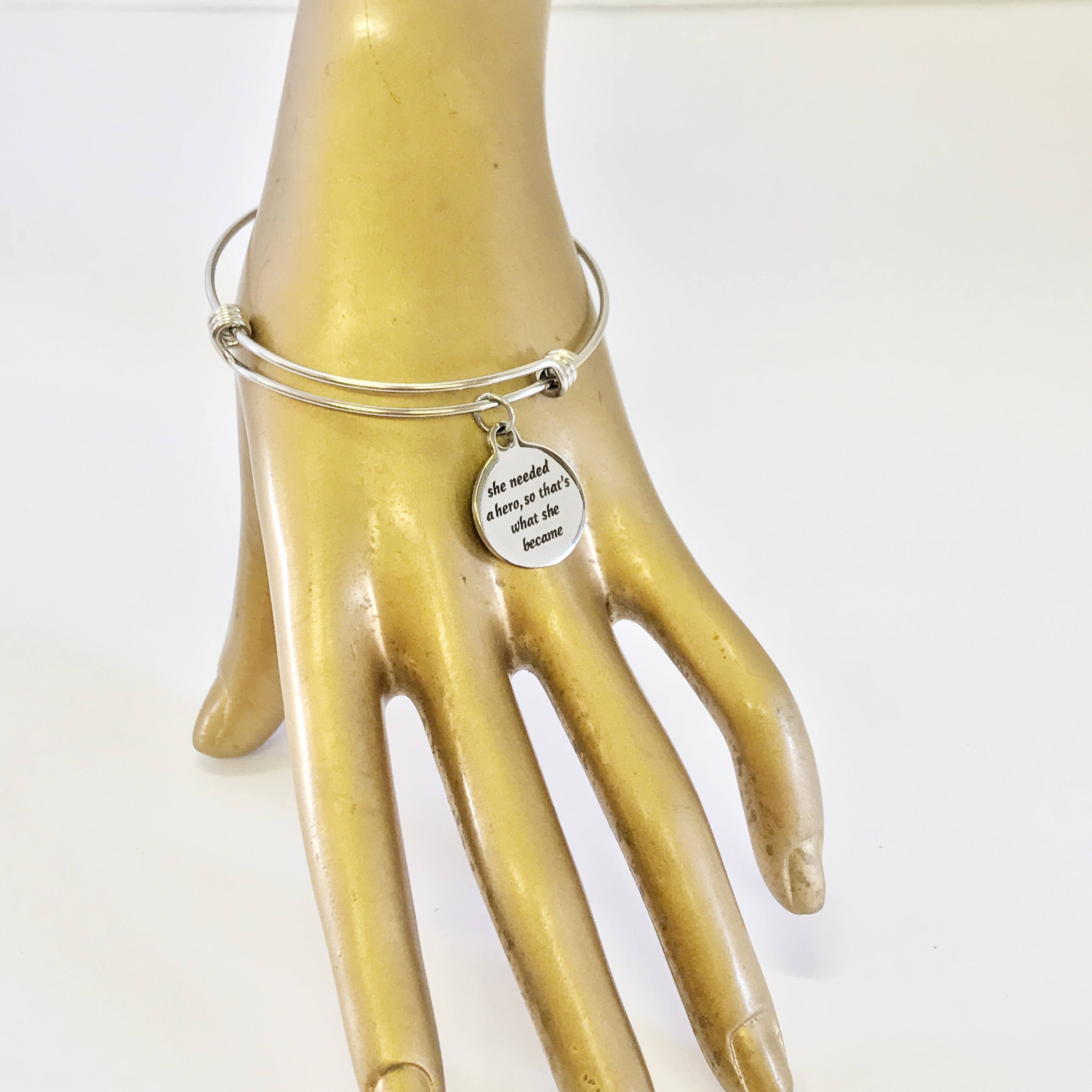 She Needed A Hero So That's What She Became Stacking Expanding Bangle Charm Bracelet, Encouragement Jewelry, Motivating Jewelry For Daughter
