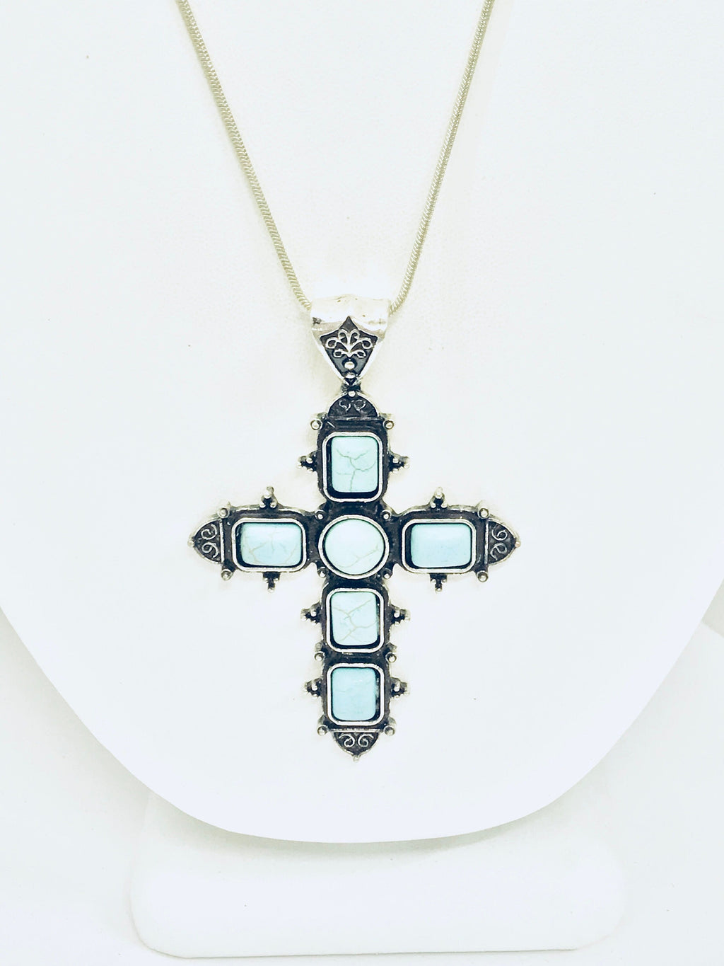 Southwestern Style Cross Necklace, Silvertone Turquoise Cross Pendant, Christian Cowgirl Statement Necklace, Chunky Cross, Gift For Her