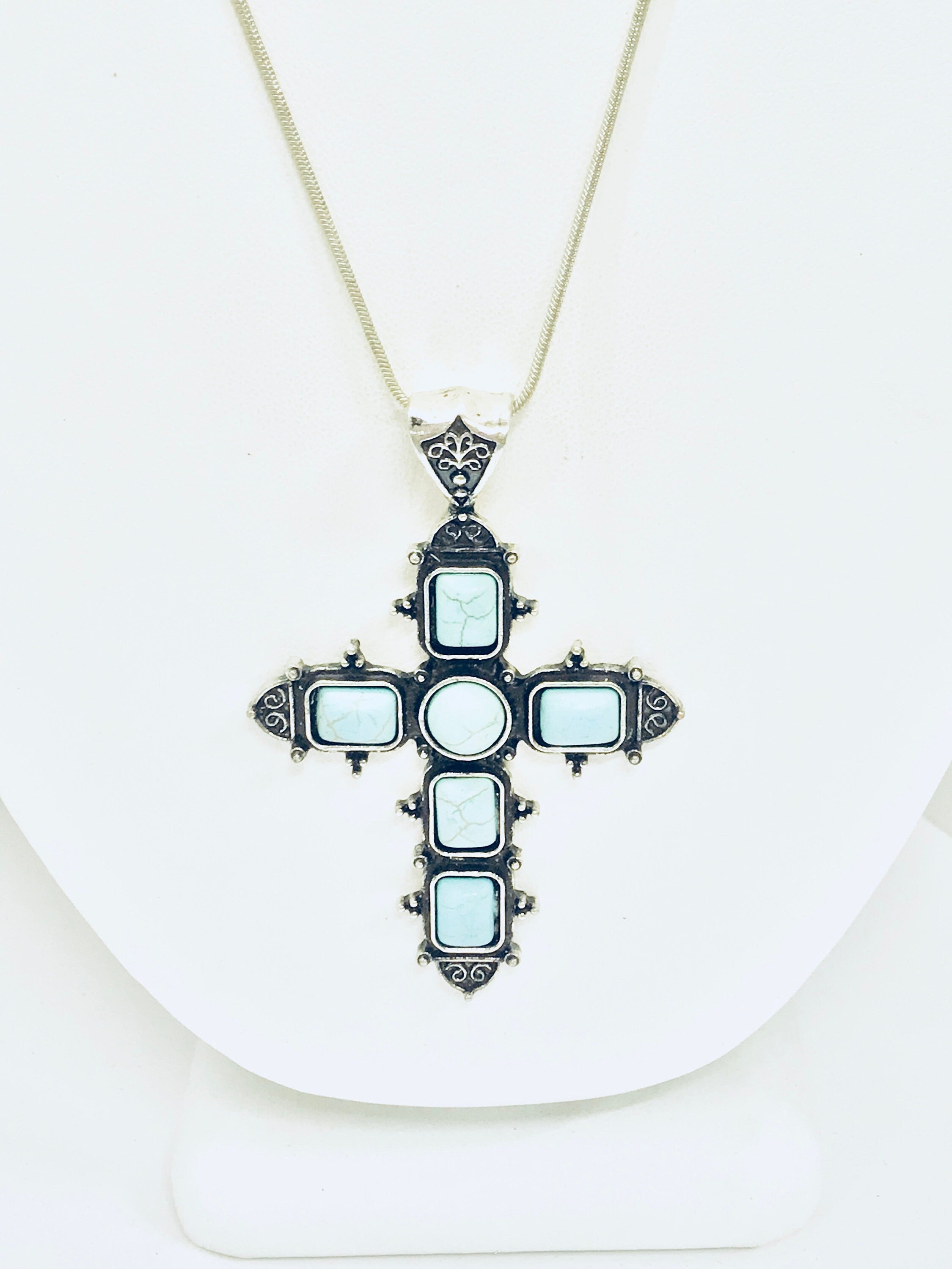 Southwestern Style Cross Necklace, Silvertone Turquoise Cross Pendant, Christian Cowgirl Statement Necklace, Chunky Cross, Gift For Her