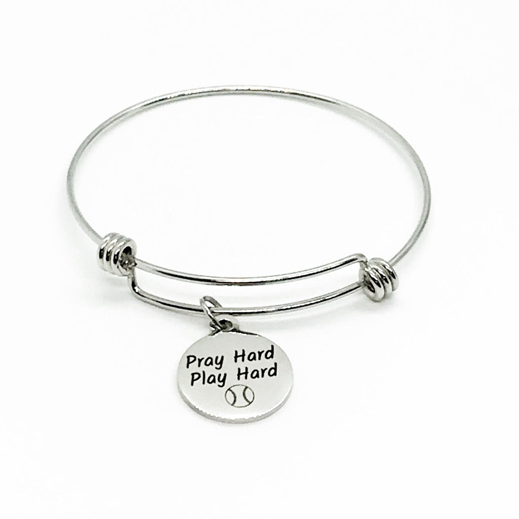 Charm Bracelet, Pray Hard Play Hard Bracelet, Stacking Charm Bangle, Softball Charm Bangle, Softball Player Bracelet, Softball Gift