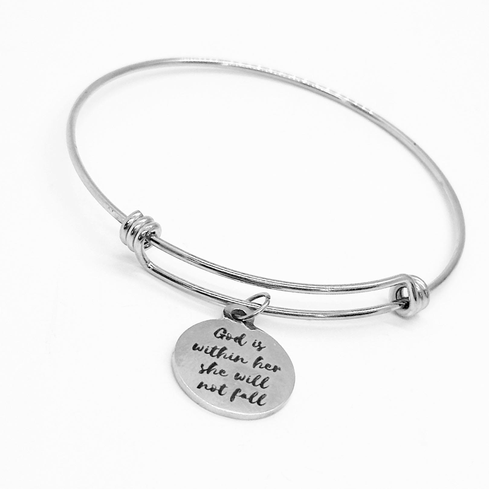 God Is Within Her She Will Not Fall Stacking Charm Bangle, Psalm 46 5, Religious Encouragement Gifts, Christian Woman Jewelry Gifts