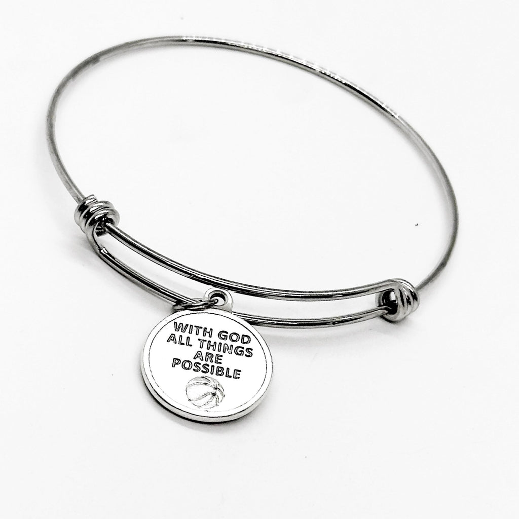 Saint Sebastian Patron Saint Of Sports Charm Bangle Bracelet, With God All Things Are Possible, Basketball Player, Daughter Gift For Her