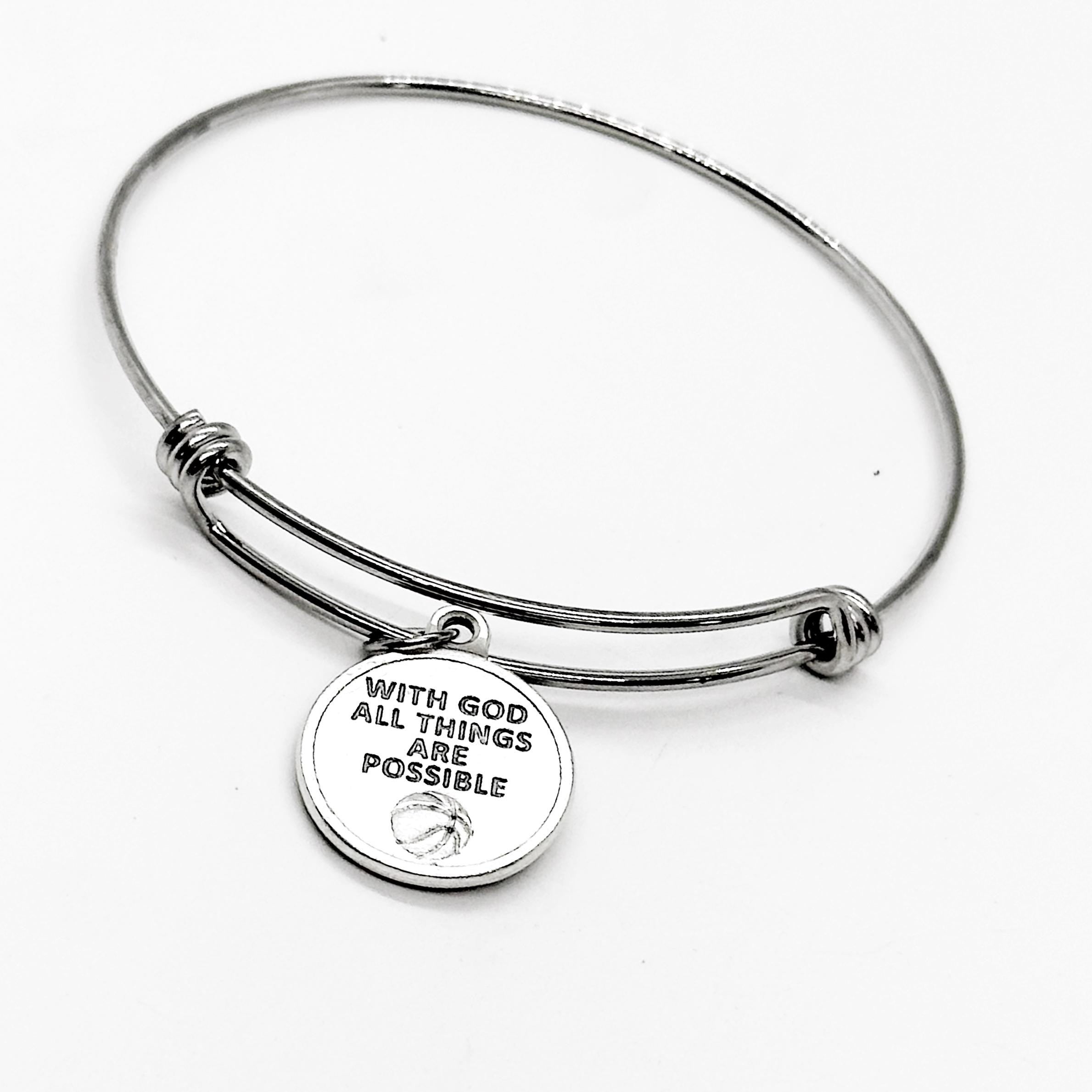 Saint Sebastian Patron Saint Of Sports Charm Bangle Bracelet, With God All Things Are Possible, Basketball Player, Daughter Gift For Her