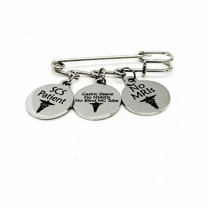 Custom Medical Notification Pin, Medical Awareness Pin, Medical Charm Brooch, Three Charm Pin, Three Charm Brooch, Customizable Charm Brooch