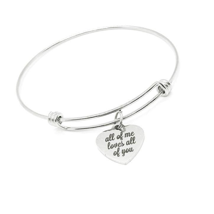 All Of Me Loves All Of You Stainless Steel Heart Charm Bangle Bracelet Romantic Jewelry Gift For Wife Girlfriend Anniversary Wedding