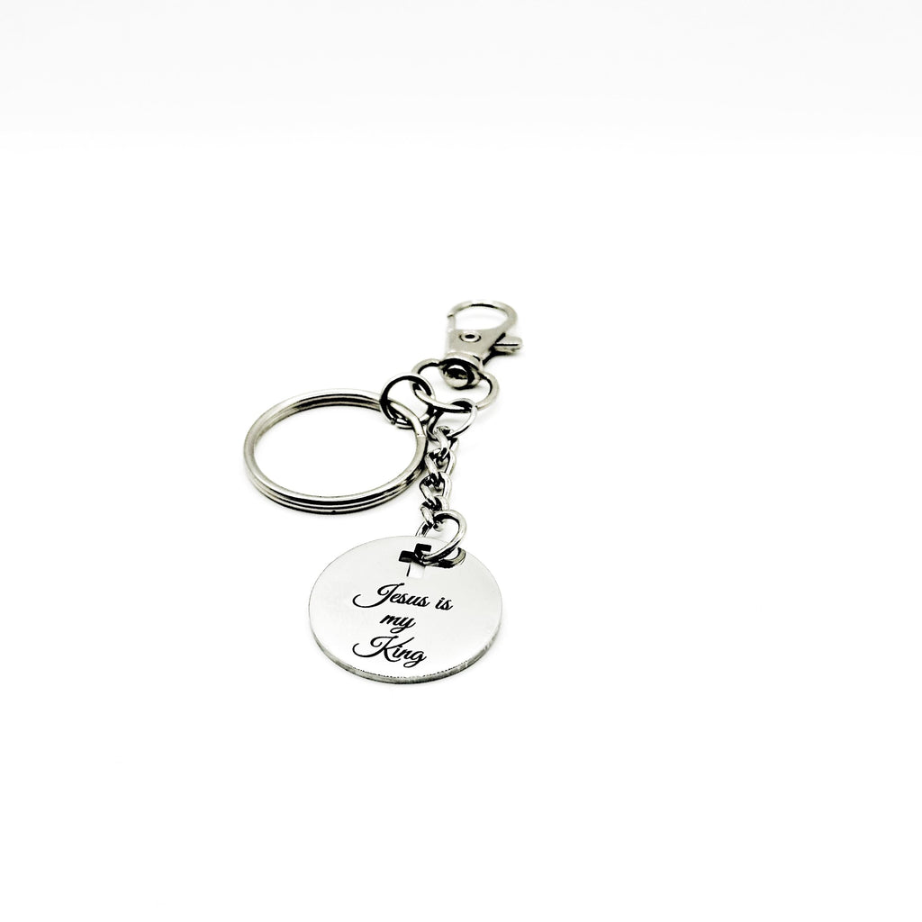 Jesus Is My King Keychain Stainless Steel Engraved Charm With Cross Cut Out Christian Gift From JKCE Designs Faith Inspired Accessory